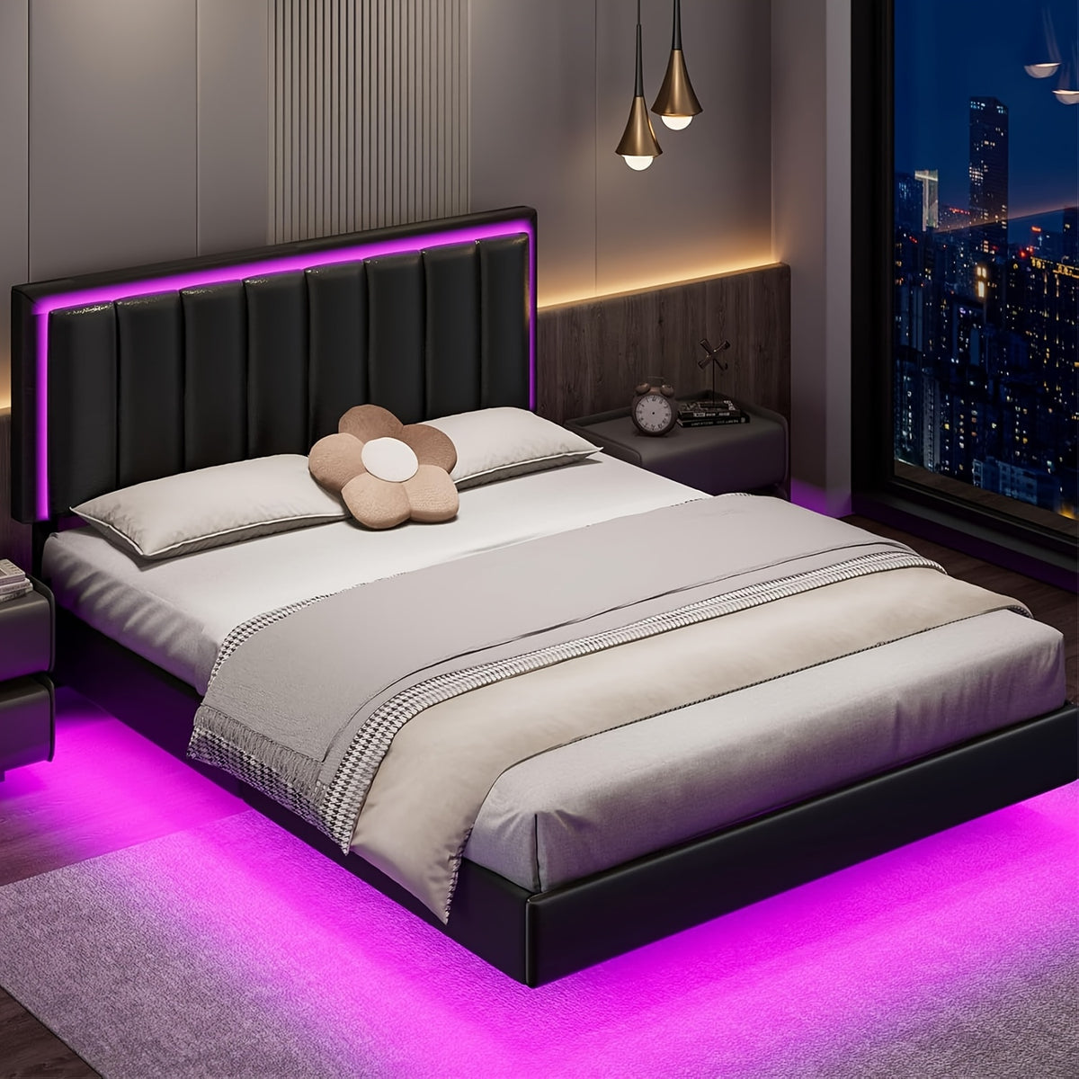 floating bed frame rgb led lights upholstered headboard - Temu