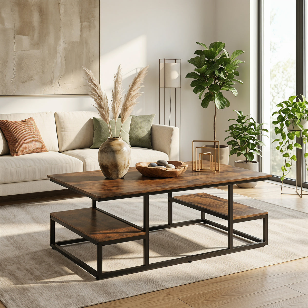 coffee table 43 rectangle open shelving industrial metal - Temu
