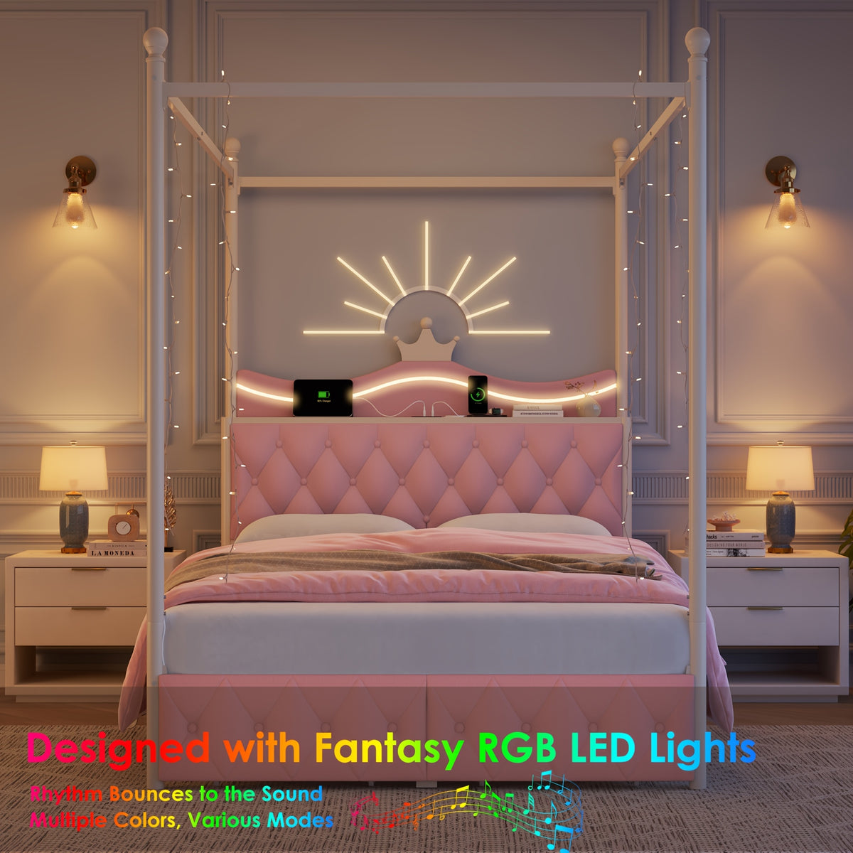twin full queen size upholstered canopy bed frame led lights - Temu