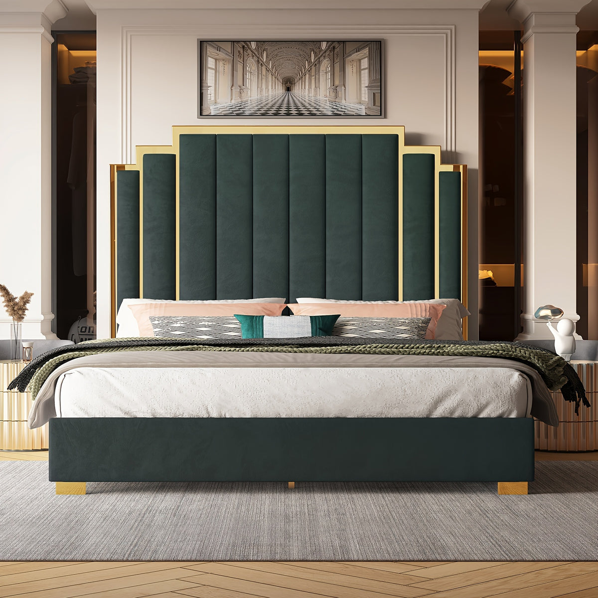 velvet upholstered platform bed frame   in 61 4 65 - Temu