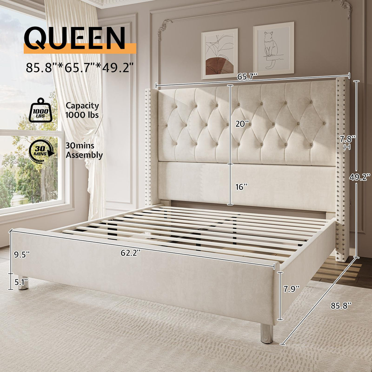 upholstered platform bed frame 50 inch velvet - Temu