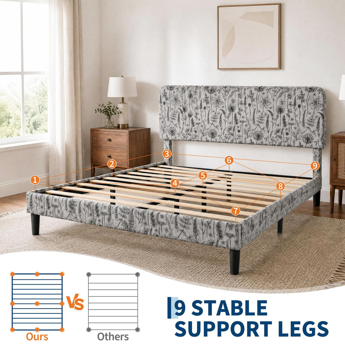 upholstered bed frame botanical floral print platform bed - Temu