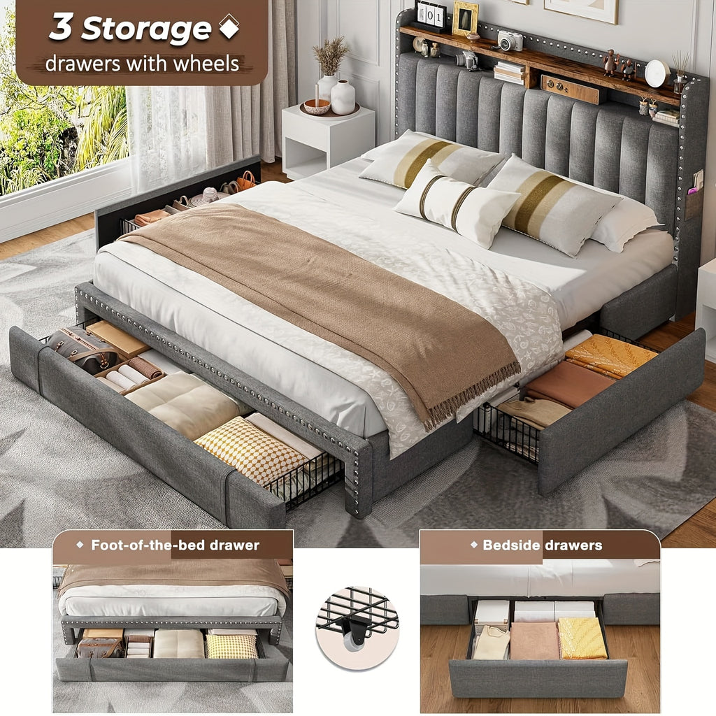 king size upholstered storage bed 3 drawers 2 tier - Temu