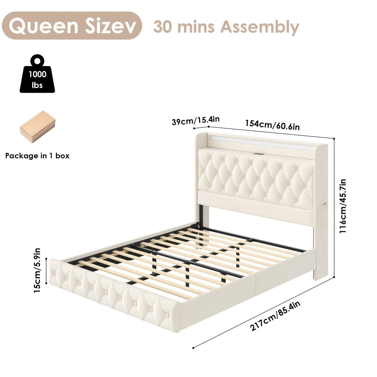full queen size floating bed frame led lights charging - Temu