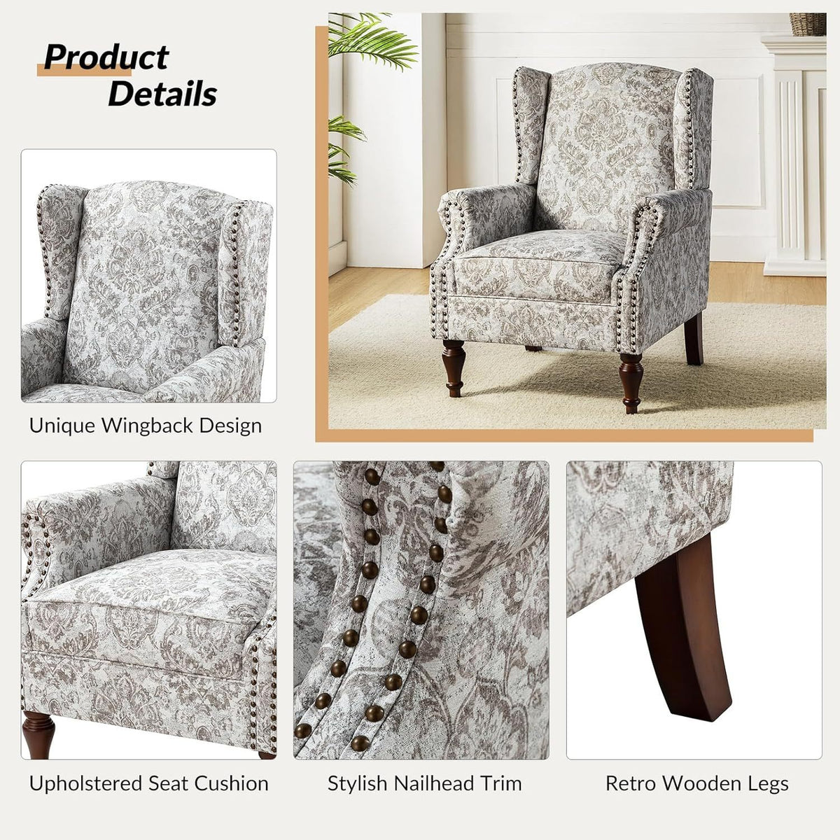 wingback accent chair floral   traditional - Temu