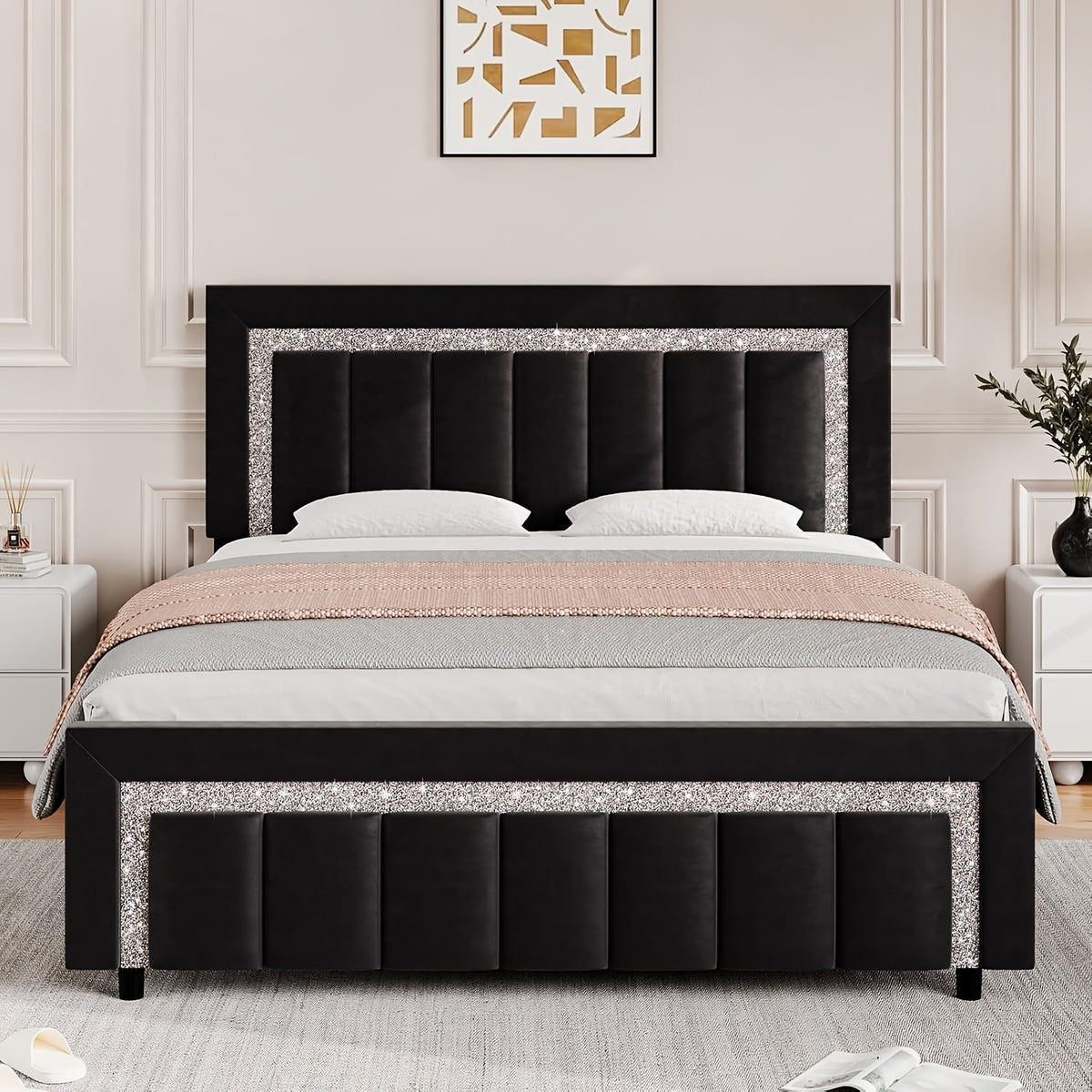 twin full queen size bed frame black velvet upholstered bed - Temu