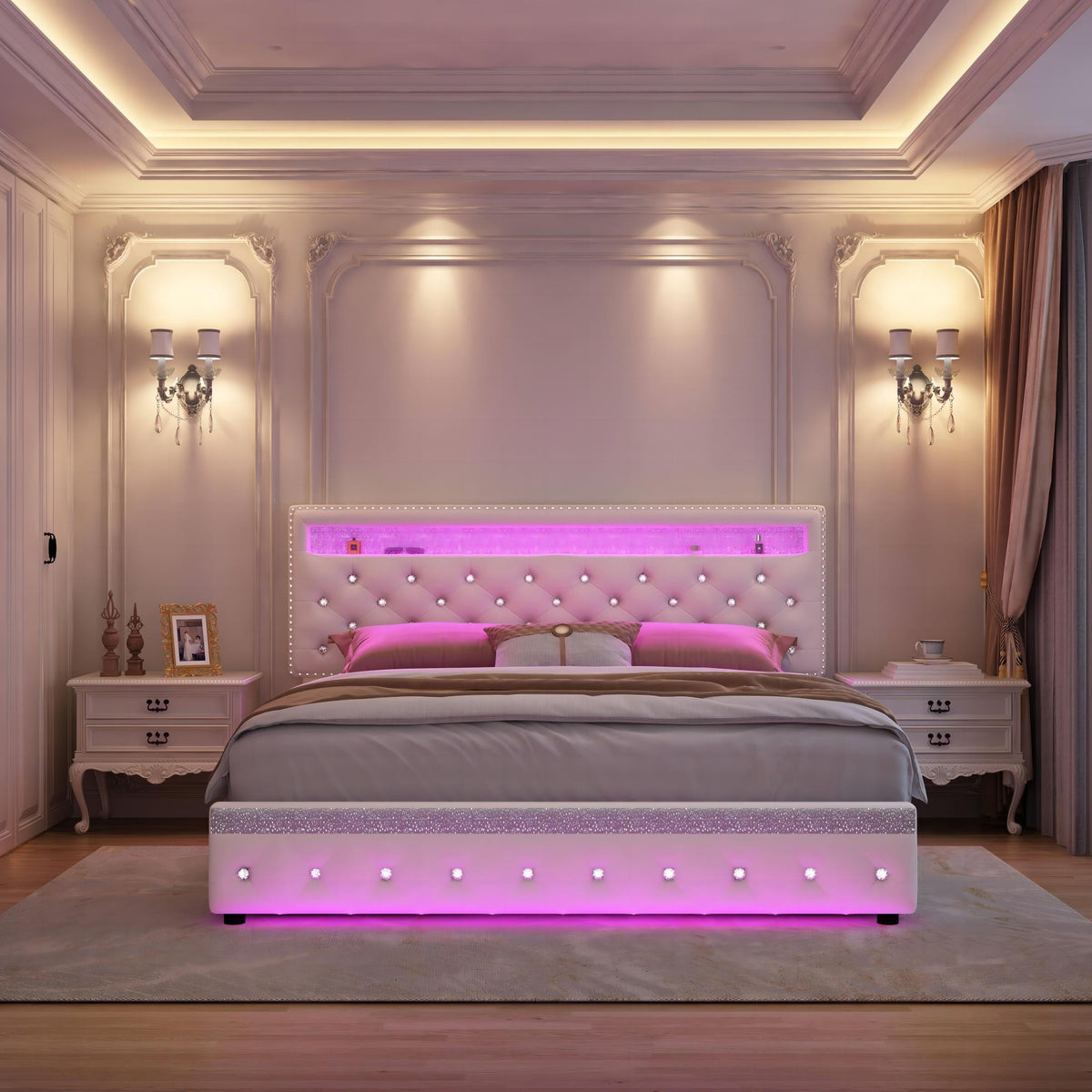 queen size bed frame led lights upholstered bed - Temu