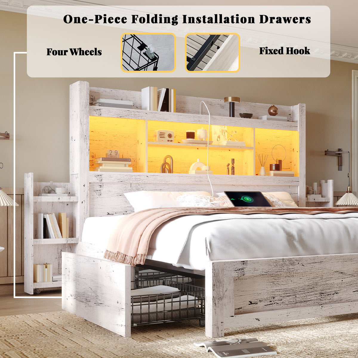 bed frame 49 6 inch bookcase headboard 4 drawers 2 - Temu