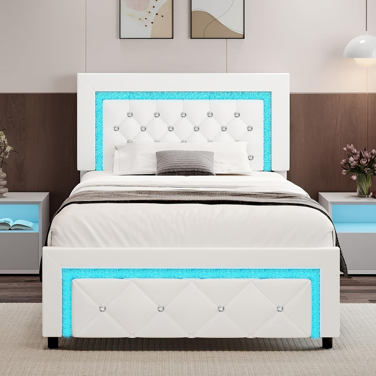 twin full queen bed frame led lights upholstered platform - Temu