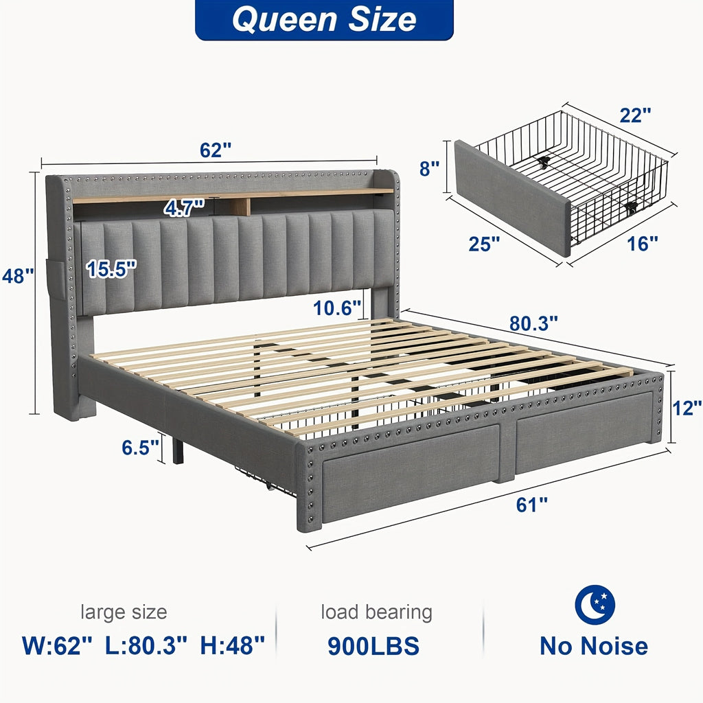 king size upholstered bed frame storage 2 tier headboard 2 - Temu