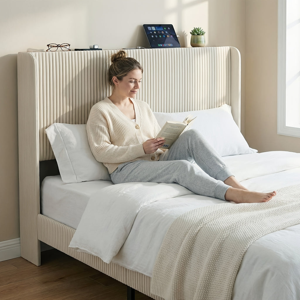 upholstered platform bed frame wingback headboard 500 lbs - Temu