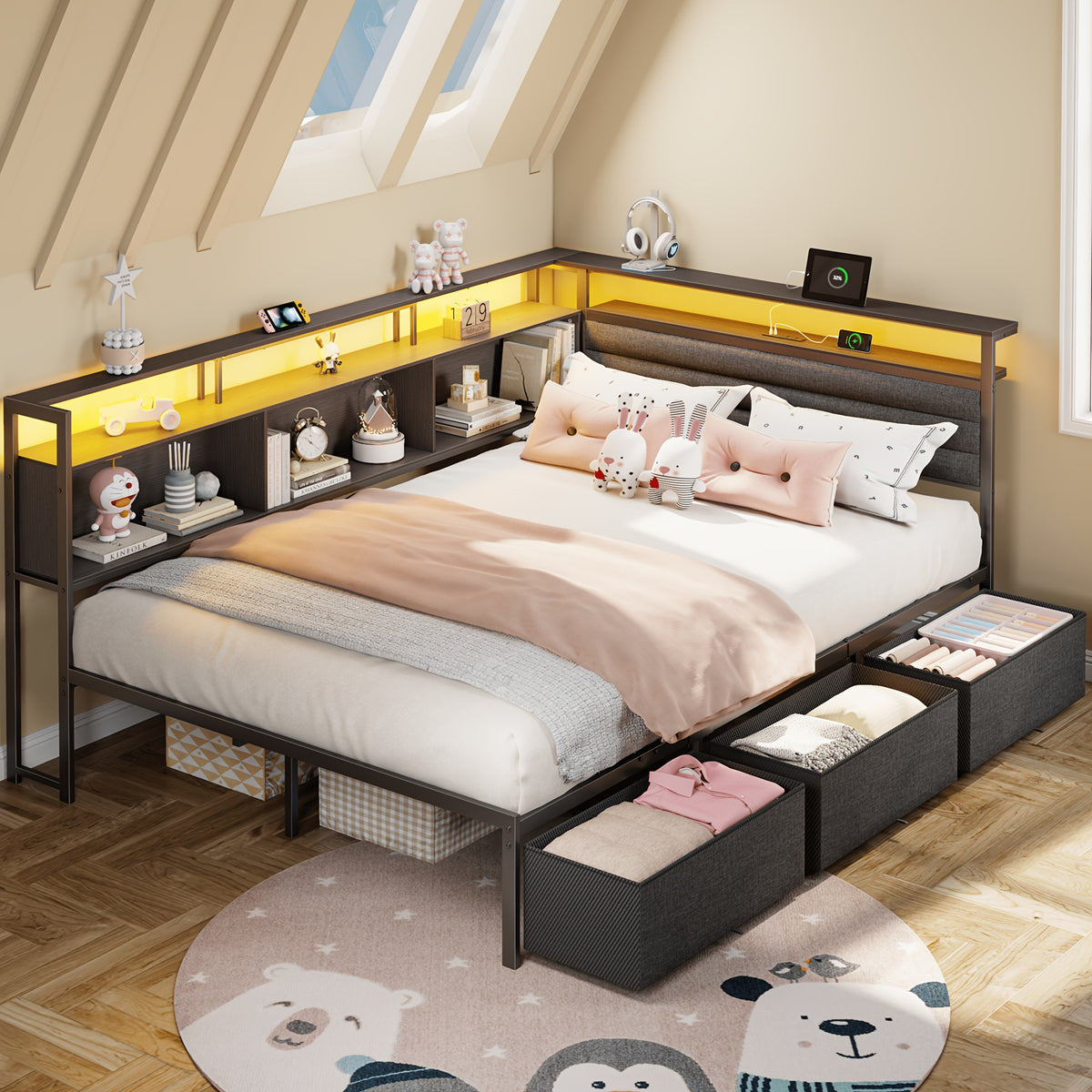 twin full size bed frame 3 drawers a storage bookshelf - Temu