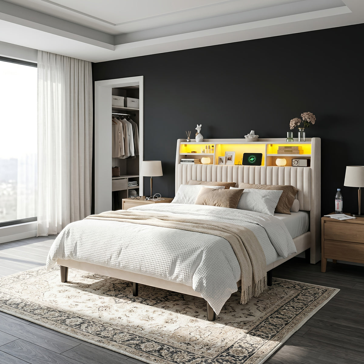 king size storage bed frame 2 tier shelf headboard led - Temu