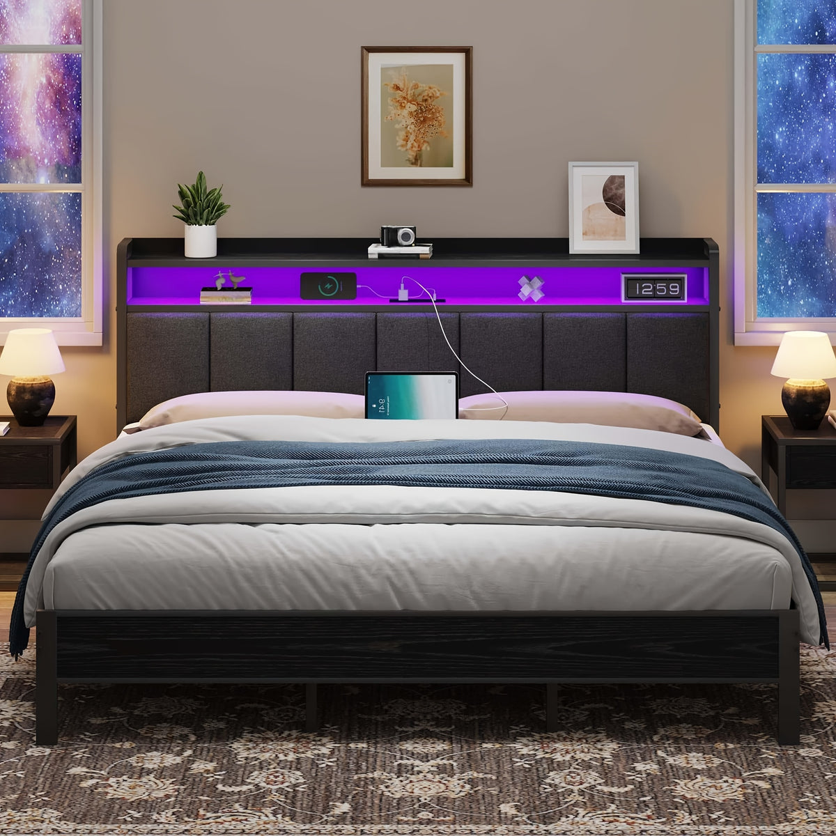 twin full queen king bed frame storage headboard led lights - Temu