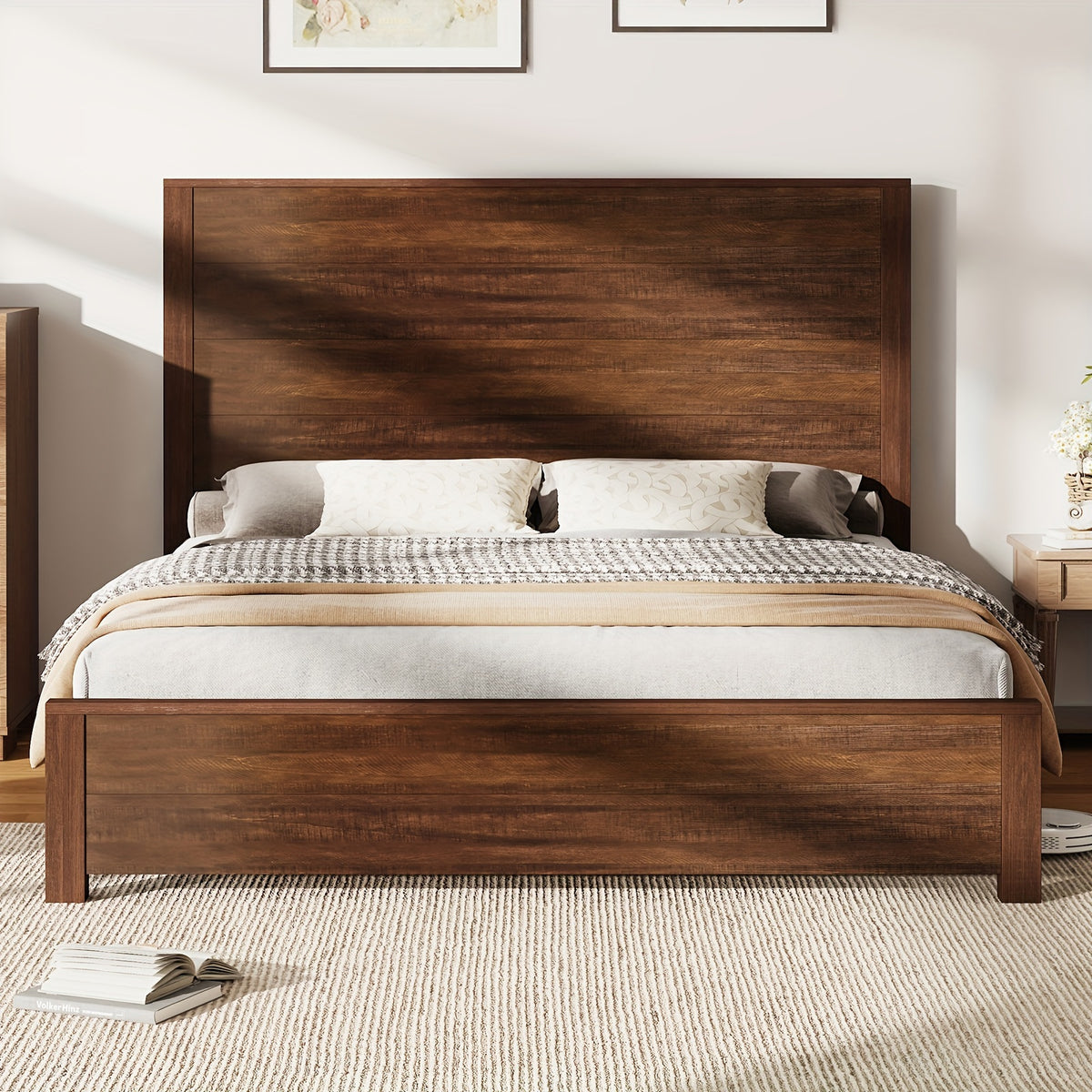 rustic solid wood platform bed frame spliced headboard noise - Temu
