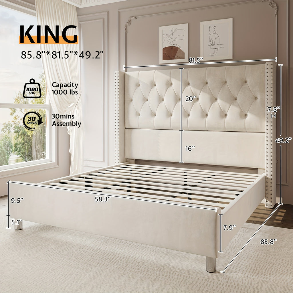 velvet upholstered bed frame wingback headboard no - Temu