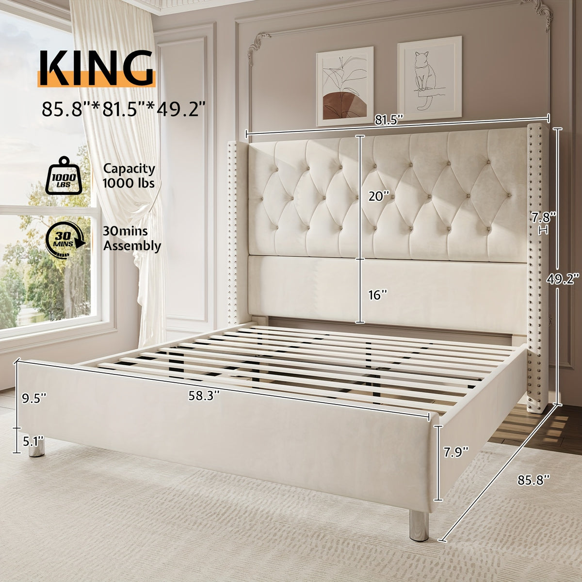velvet upholstered bed frame wingback headboard no - Temu