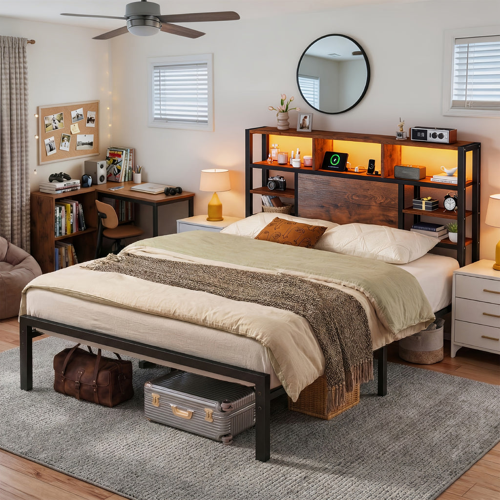 full queen king bed frame storage headboard led lights - Temu