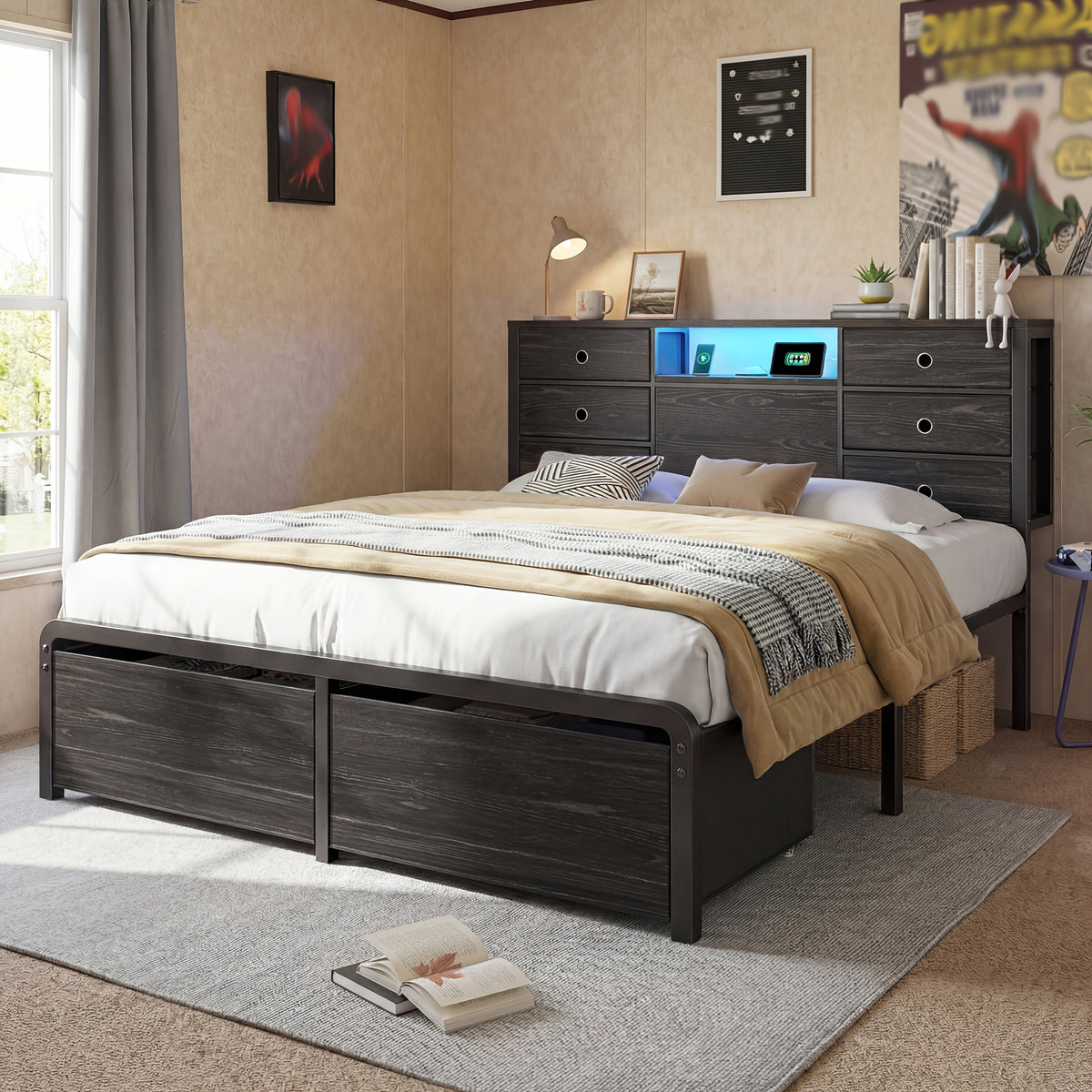 reinforced storage bed frame king queen full 8 9 drawers - Temu