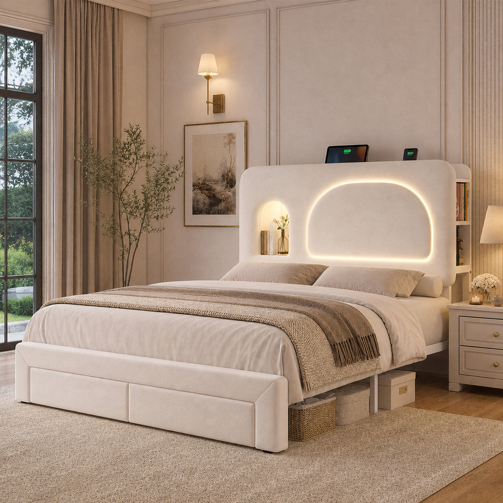 queen size led bed frame storage headboard drawers velvet - Temu