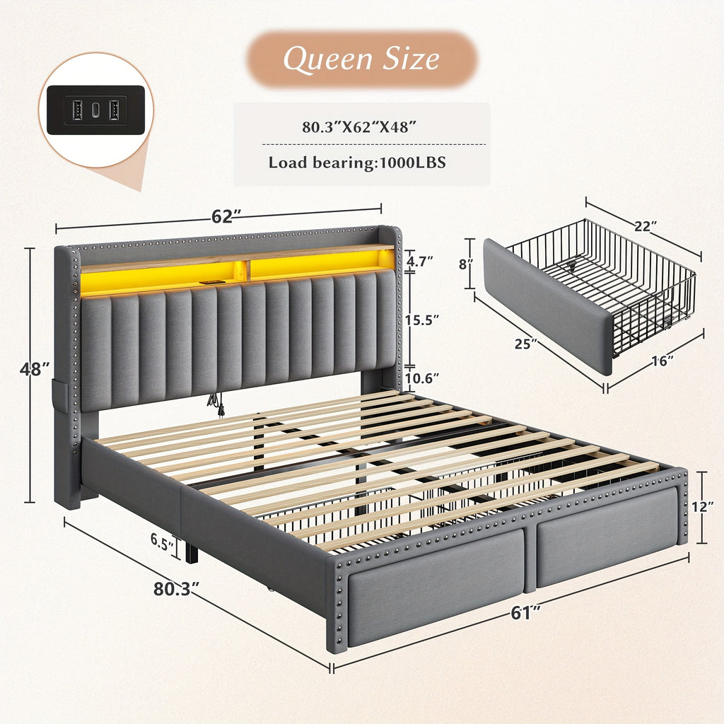 full queen king size bed frame 2 tier storage headboard - Temu