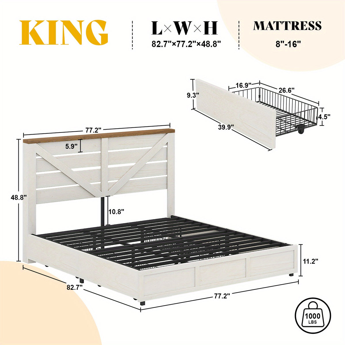 farmhouse bed frame 4 storage drawers rustic vintage mdf - Temu