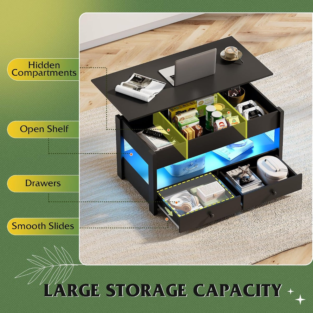 coffee table lift top coffee table 2 drawers led light large - Temu