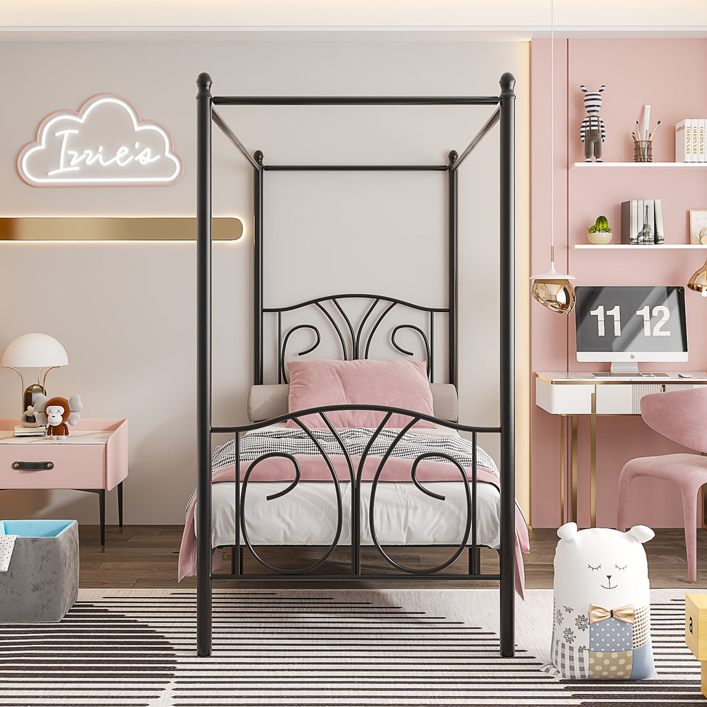 twin size canopy bed frame headboard footboard metal slats - Temu
