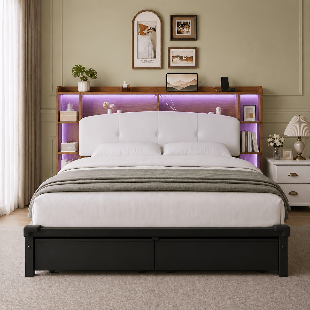 modern bed frame storage headboard 2 fabric drawers rgb led - Temu