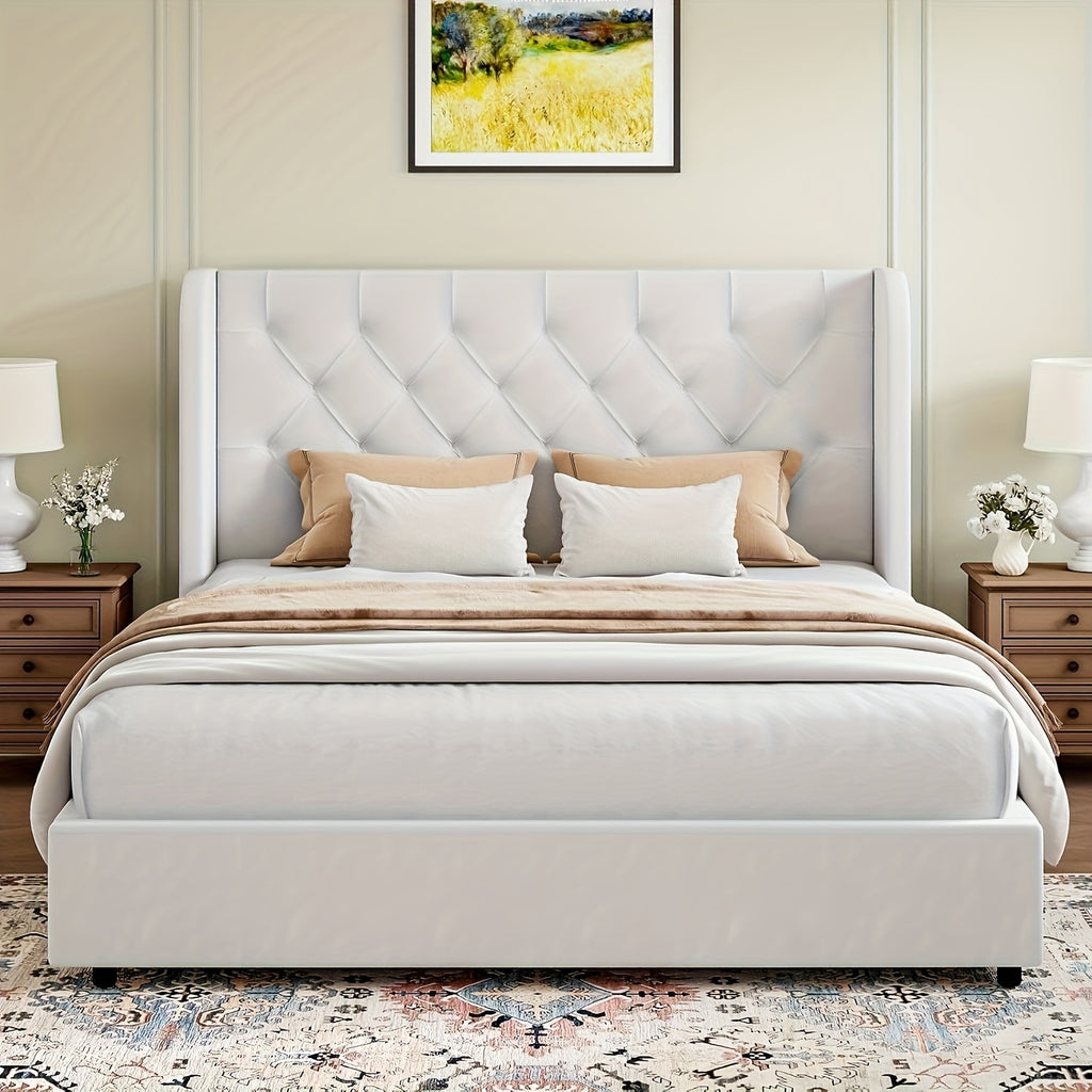 modern upholstered queen bed frame velvet headboard curved - Temu