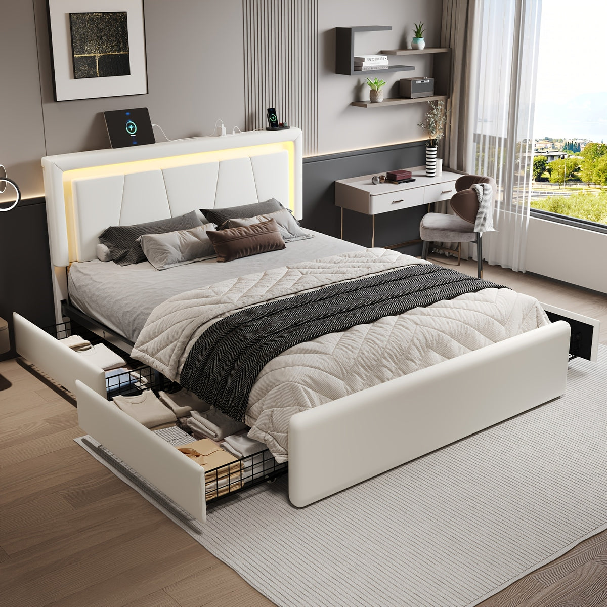 upholstered platform bed frame 4 storage drawers twin full - Temu