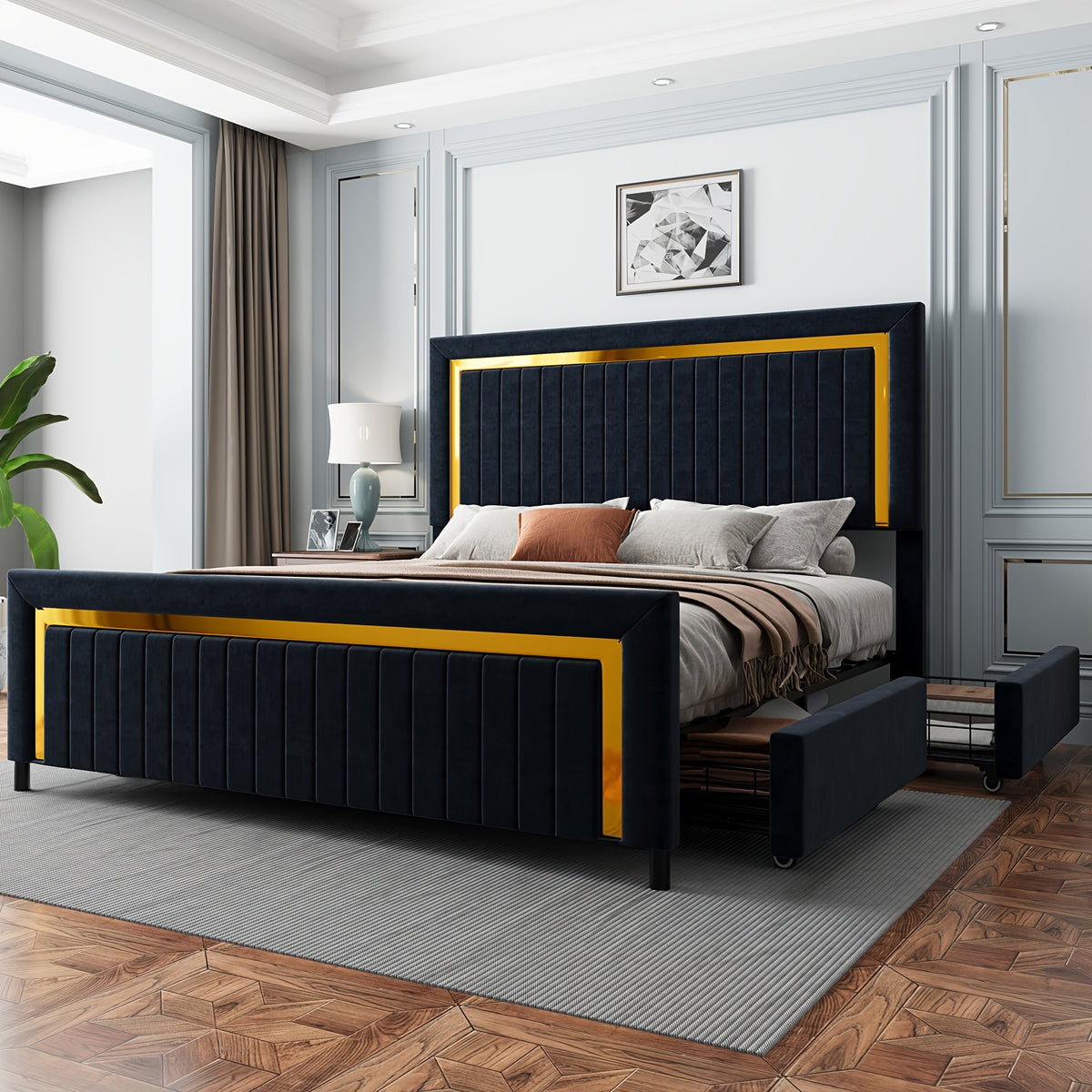 queen size led platform bed frame upholstered design - Temu