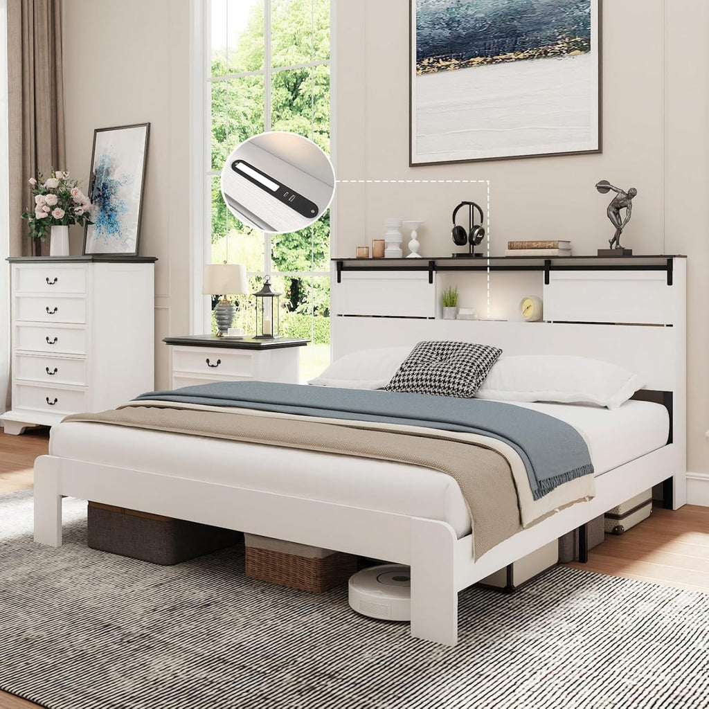 queen size farmhouse platform bed frame sliding barn door - Temu
