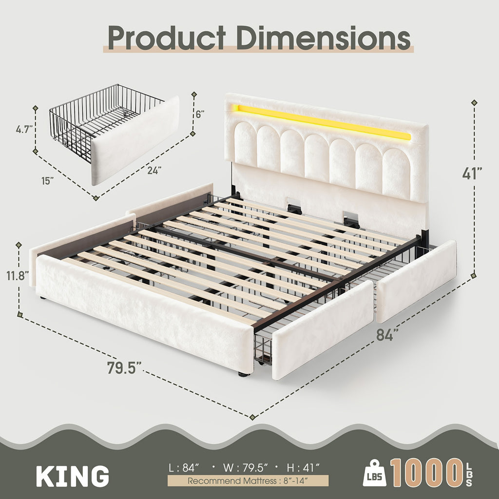 size velvet upholstered bed frame 4 storage drawers - Temu