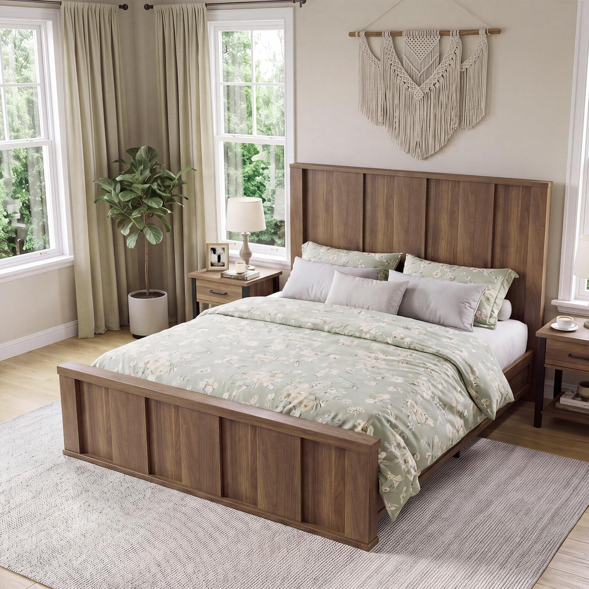 queen size platform bed frame tall wood headboard wood slats - Temu