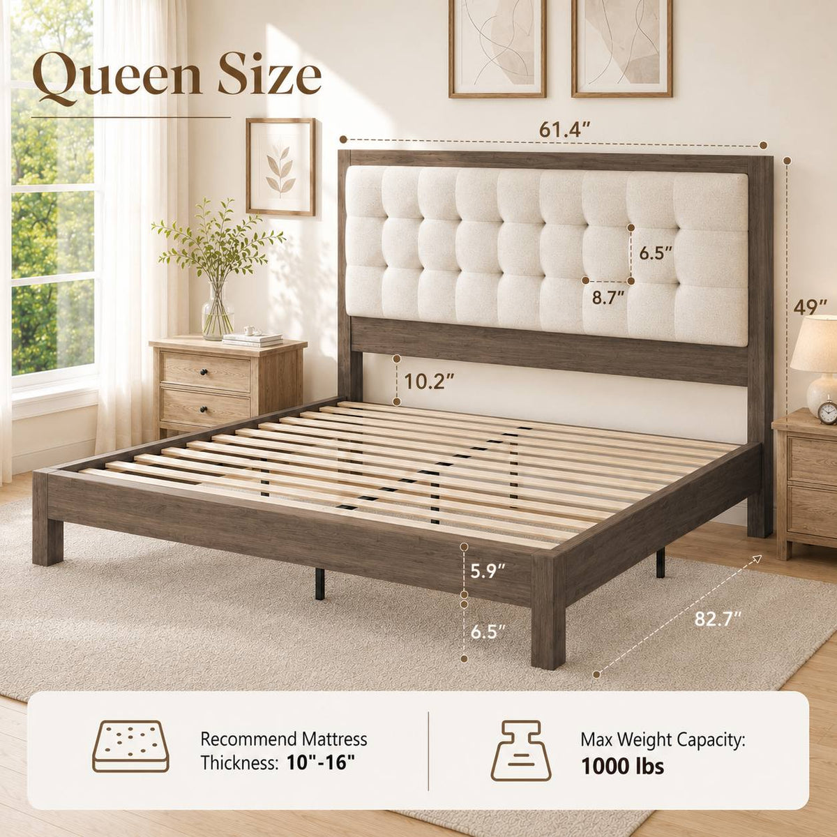 classic vintage solid wood bed frame upholstered headboard - Temu