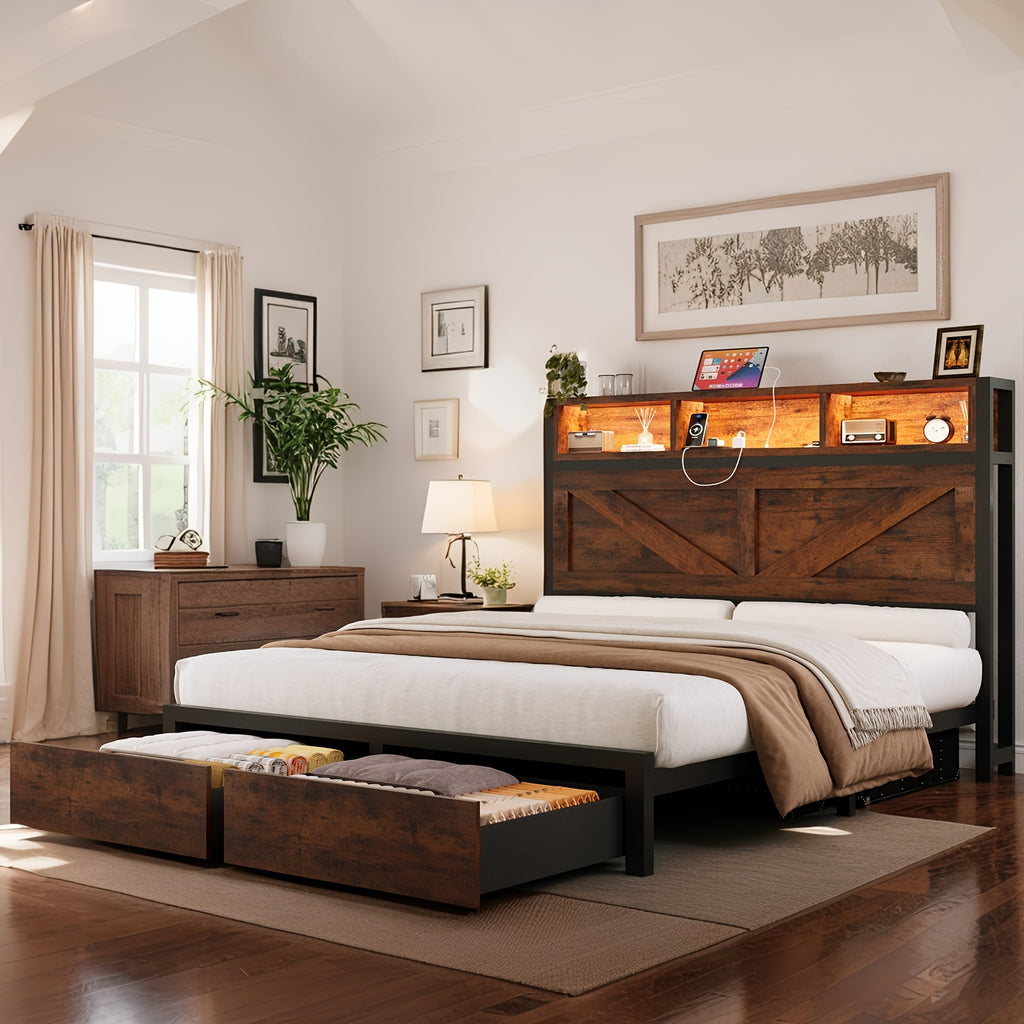 farmhouse bed frame storage headboard drawers led lights - Temu