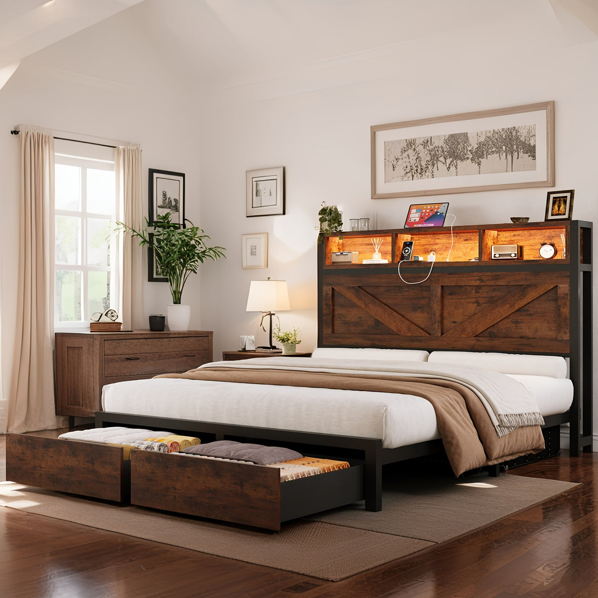 farmhouse bed frame storage headboard drawers led lights - Temu