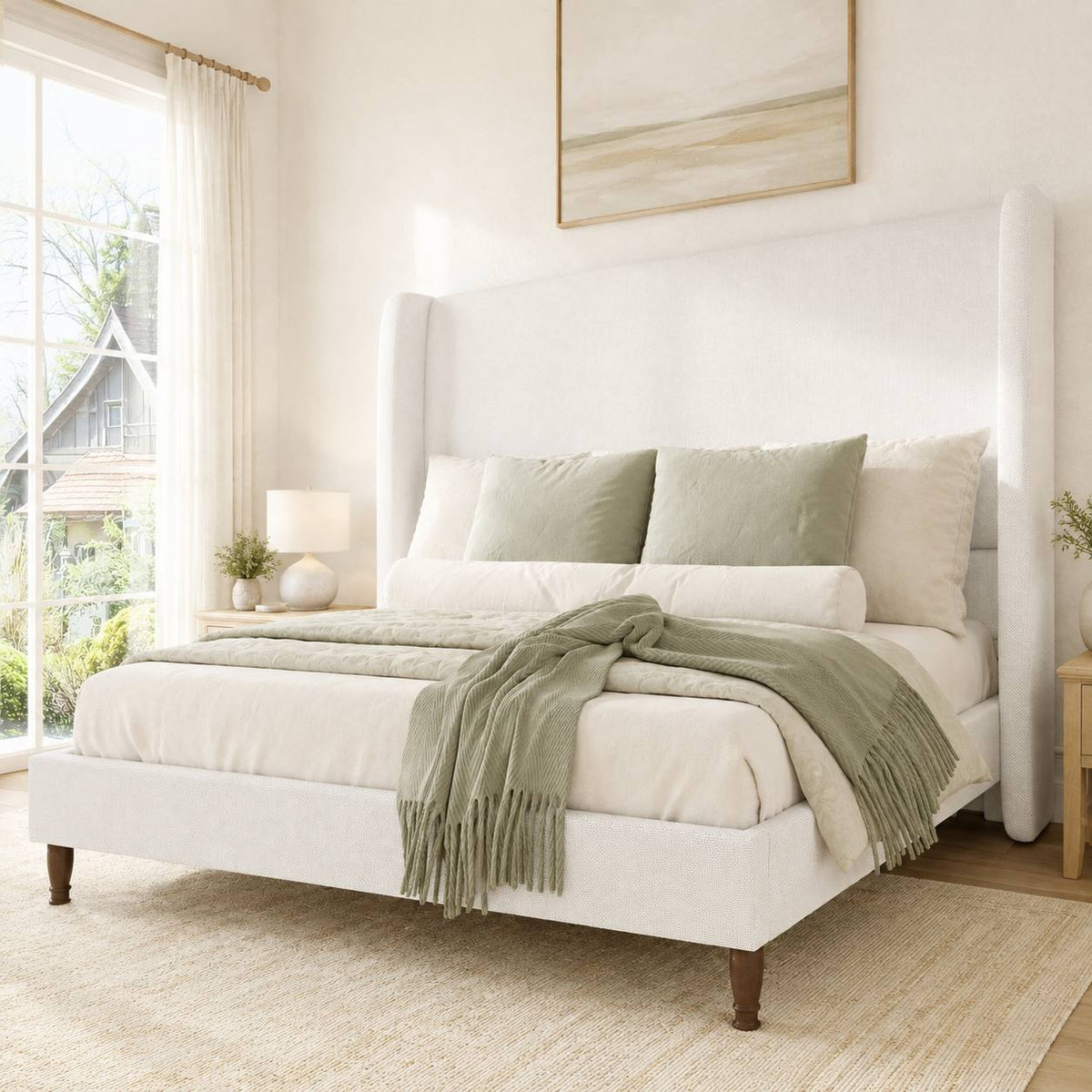 queen size linen upholstered bed frame soft wingback - Temu