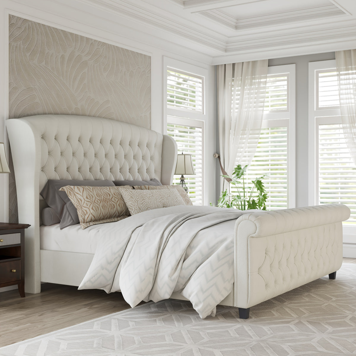 platform bed frame chenille upholstery featuring a scroll - Temu