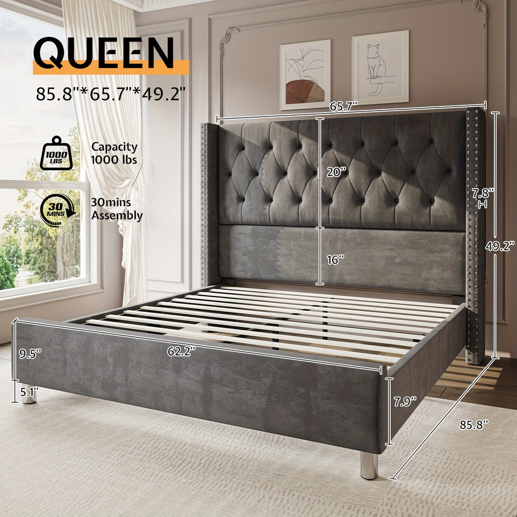 velvet upholstered bed frame wingback headboard no - Temu