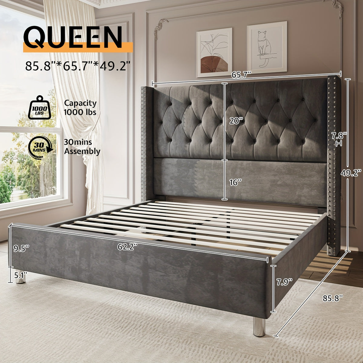 velvet upholstered bed frame wingback headboard no - Temu