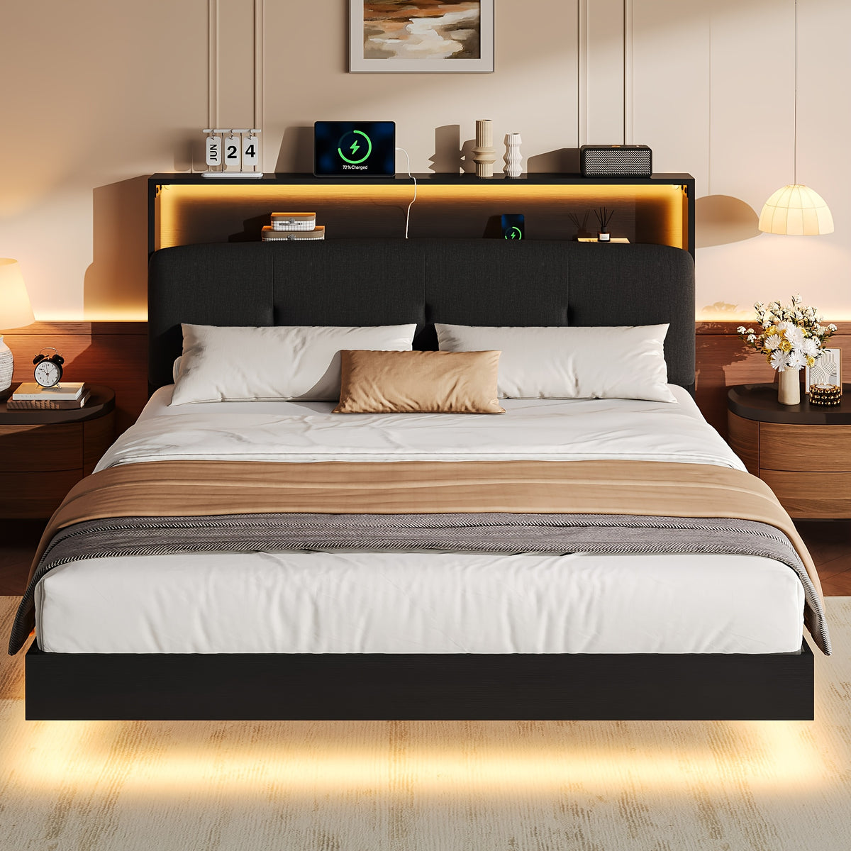modern bed frame led lightings storage headboard - Temu