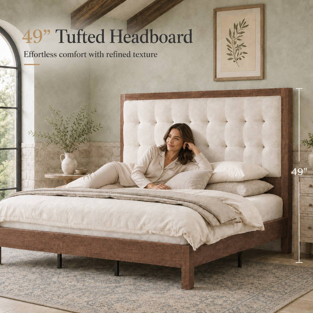 classic vintage solid wood bed frame upholstered headboard - Temu