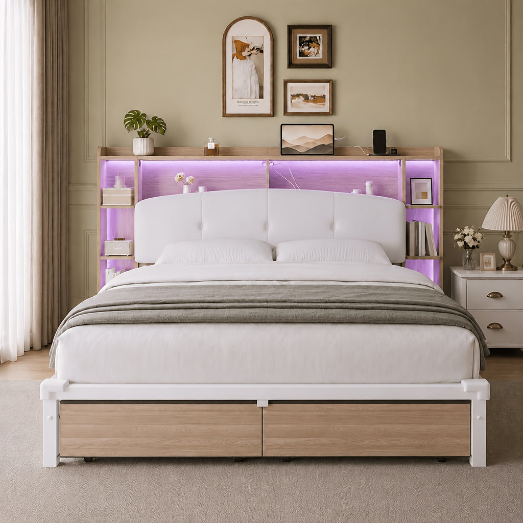 modern bed frame storage headboard 2 fabric drawers rgb led - Temu