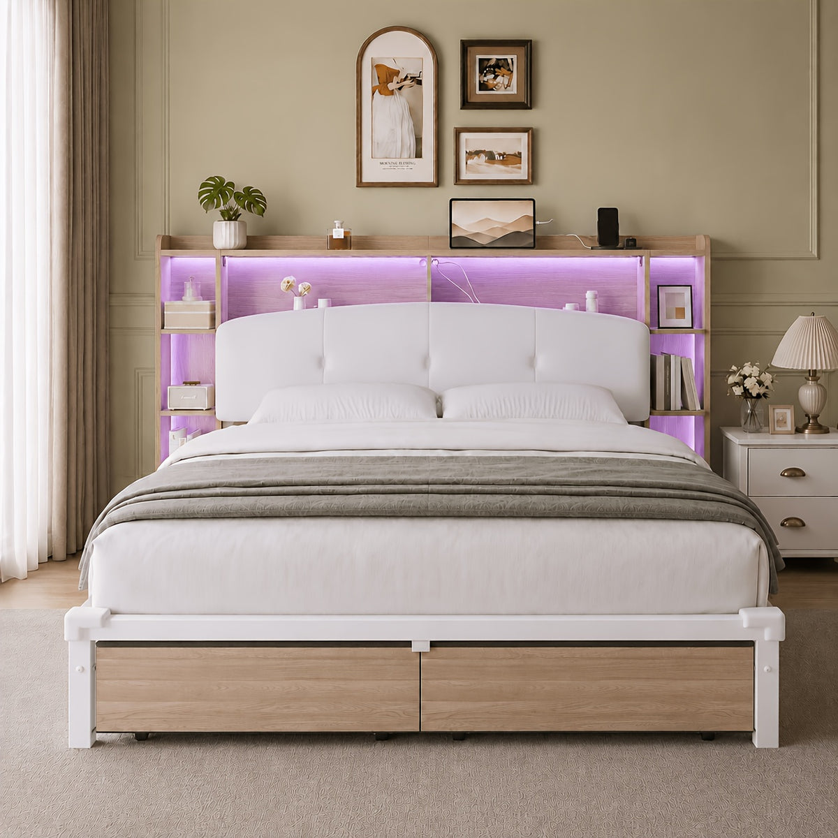 modern bed frame storage headboard 2 fabric drawers rgb led - Temu