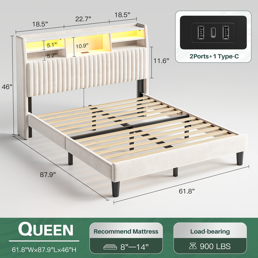 upholstered bed frame built in charging station led lighting - Temu