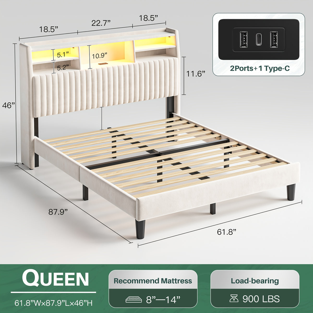 upholstered bed frame built in charging station led lighting - Temu
