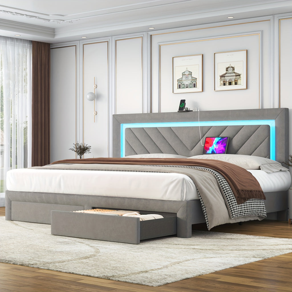 modern upholstered king bed frame adjustable led headboard 2 - Temu
