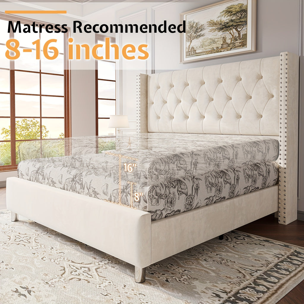 velvet upholstered bed frame wingback headboard no - Temu